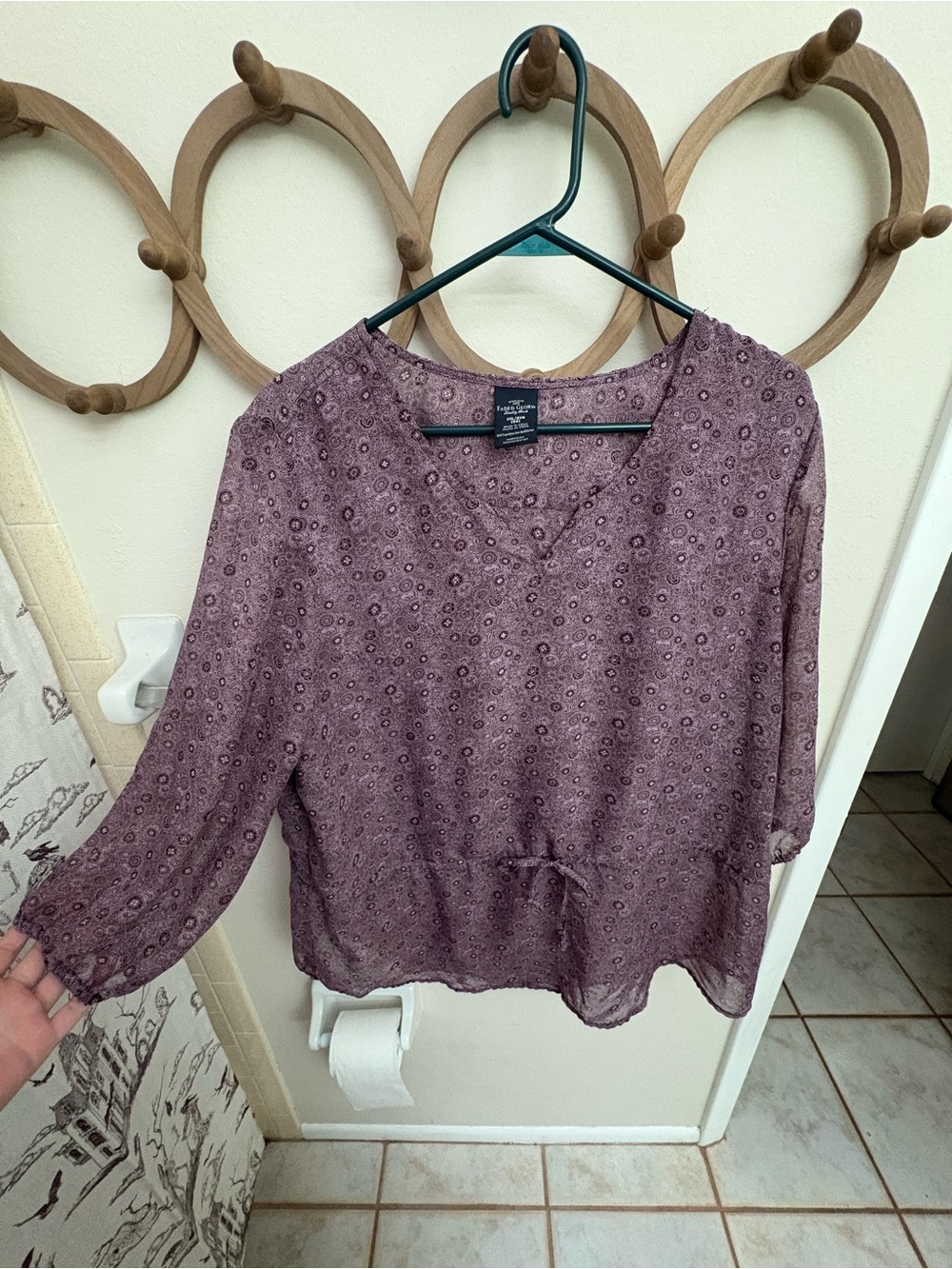 Faded Glory Purple Printed V-Neck Tie-Waist Blouse
